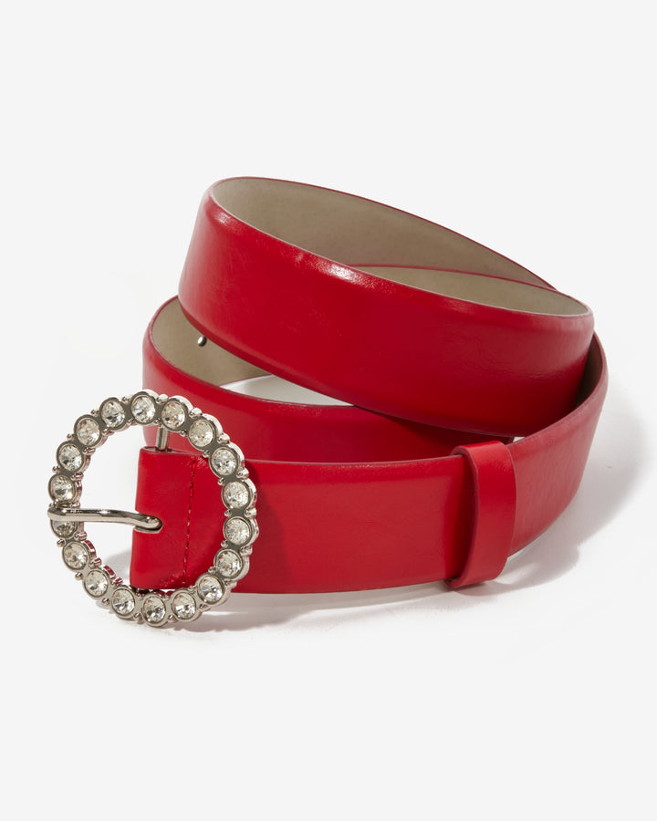 Crystal Gem Embellished Buckle Belt Red