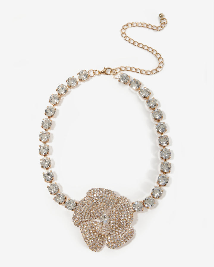 Rosette Rhinestone Choker Necklace Gold