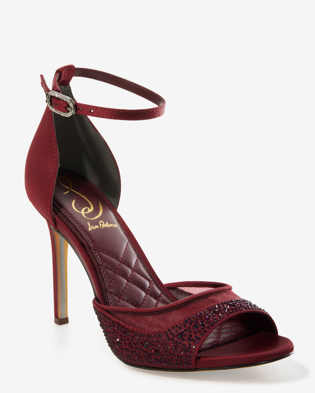 Crystal Embellished Mesh Ankle Strap Heel Burgundy