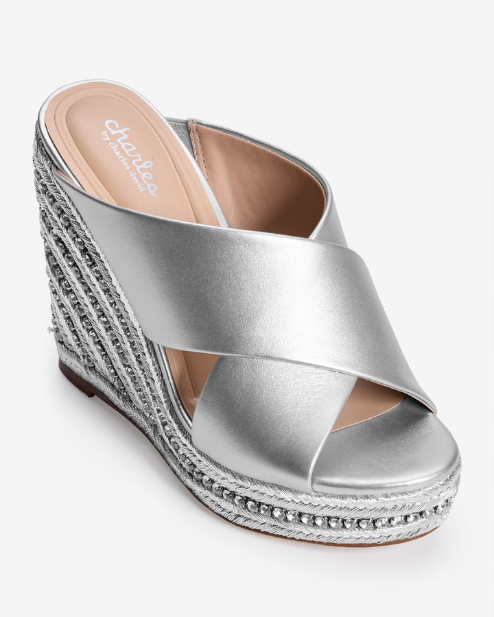 Metallic Criss Cross Rhinestone Wedge Silver
