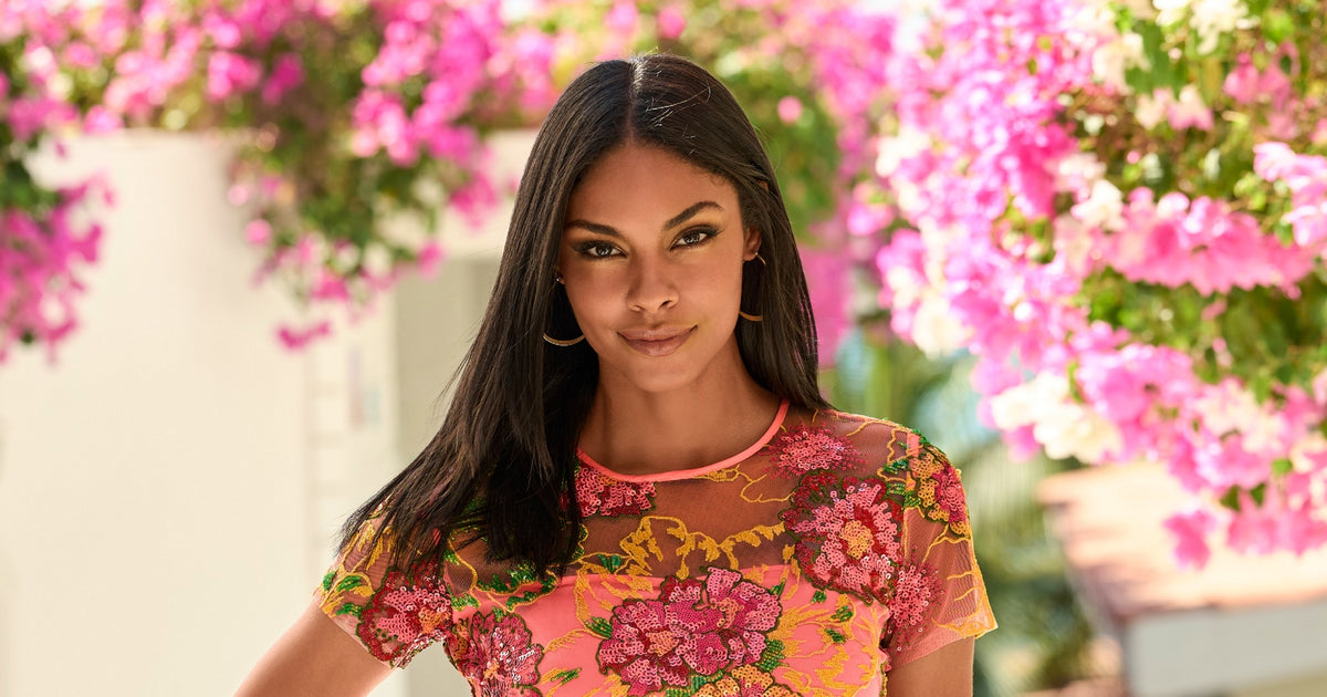 Sequin Embroidered Mesh Short Sleeve Dress - Pink Multi
