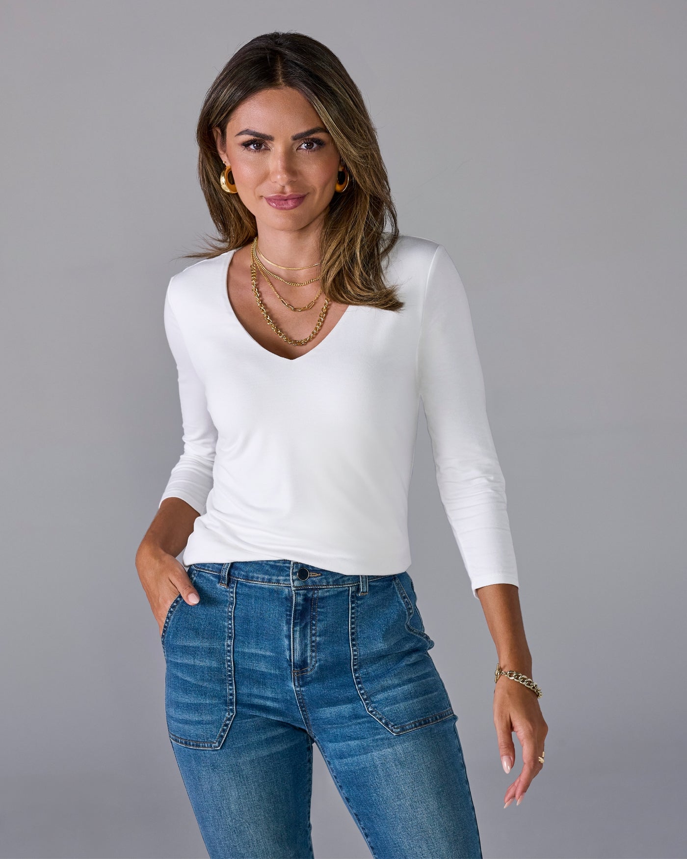 Effortless Three Quarter Sleeve V Neck Pure White