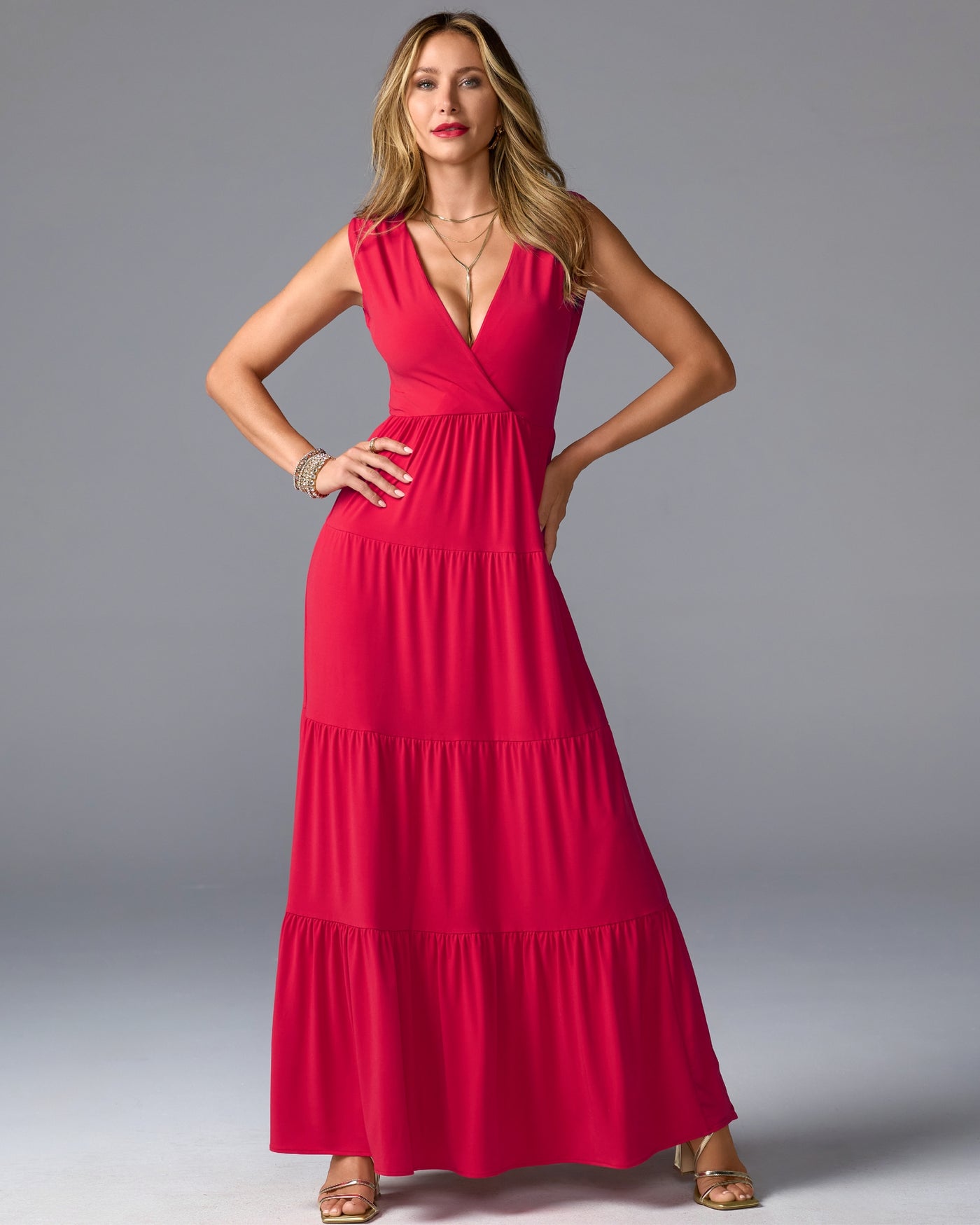 V Neck Tiered Knit Maxi Dress Rose Red