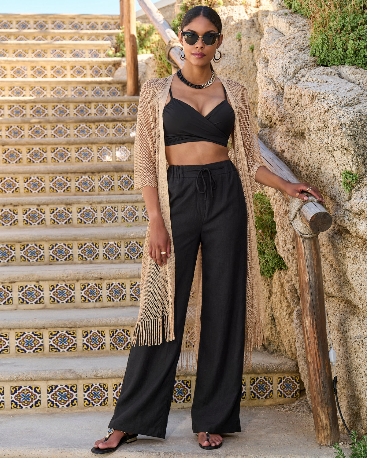 Malibu Wide Leg Drawstring Linen Pant Black