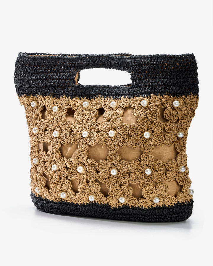Pearl Floral Raffia Bag Black/Natural