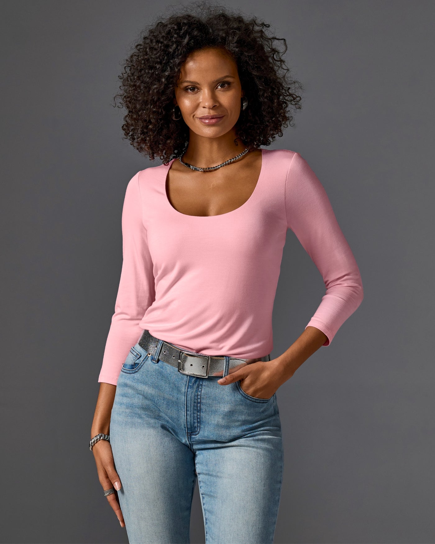 So Effortless Three Quarter Sleeve Scoop Neck Top Coral Blush