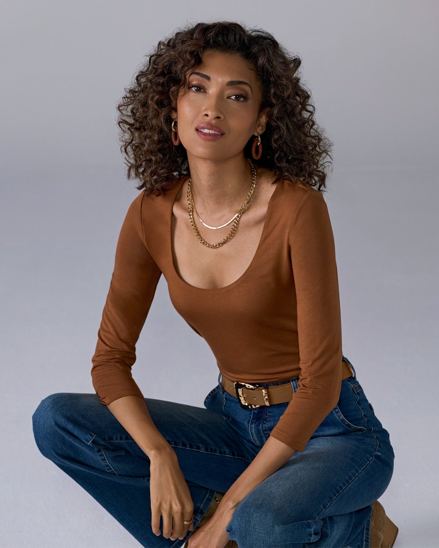 So Effortless Three Quarter Sleeve Scoop Neck Top Tortoise Shell