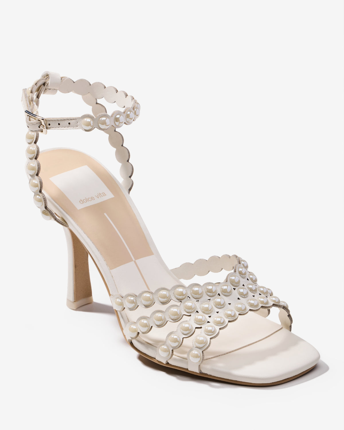 Pearl Scallop Ankle Strap Heel White