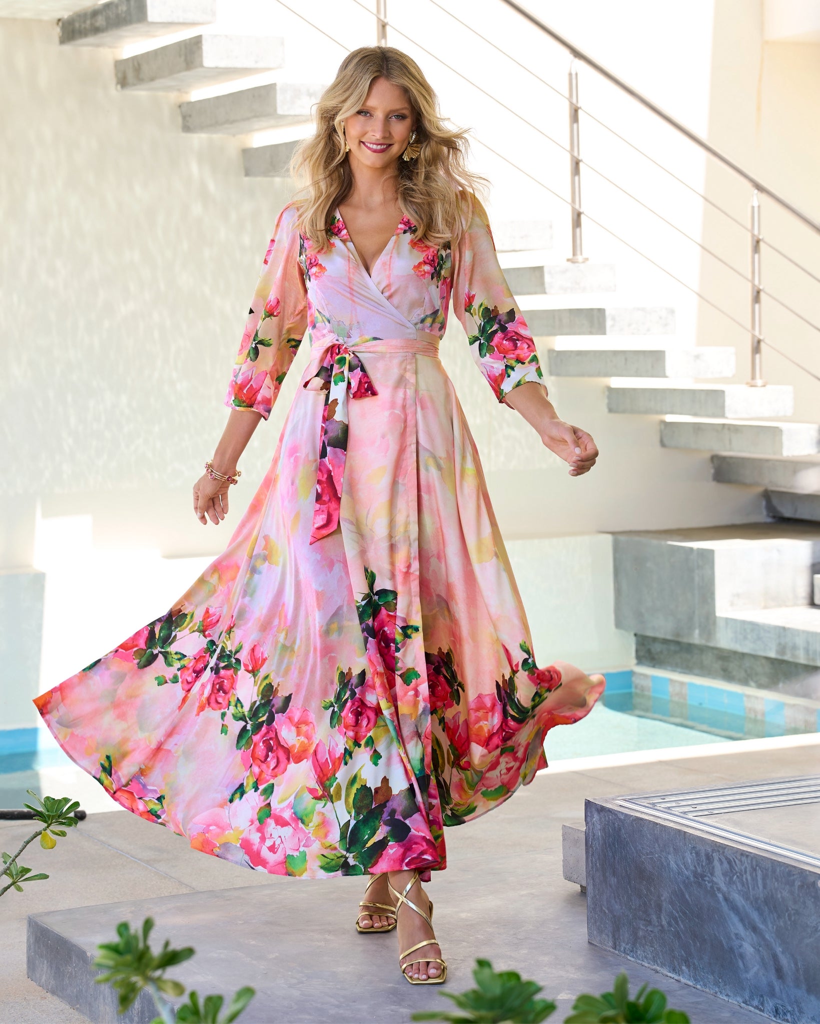 Watercolor Floral Print Wrap Maxi Dress - Pink Multi