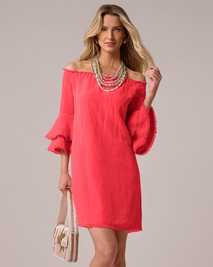 Linen Off The Shoulder Tiered Sleeve Shift Dress Hibiscus