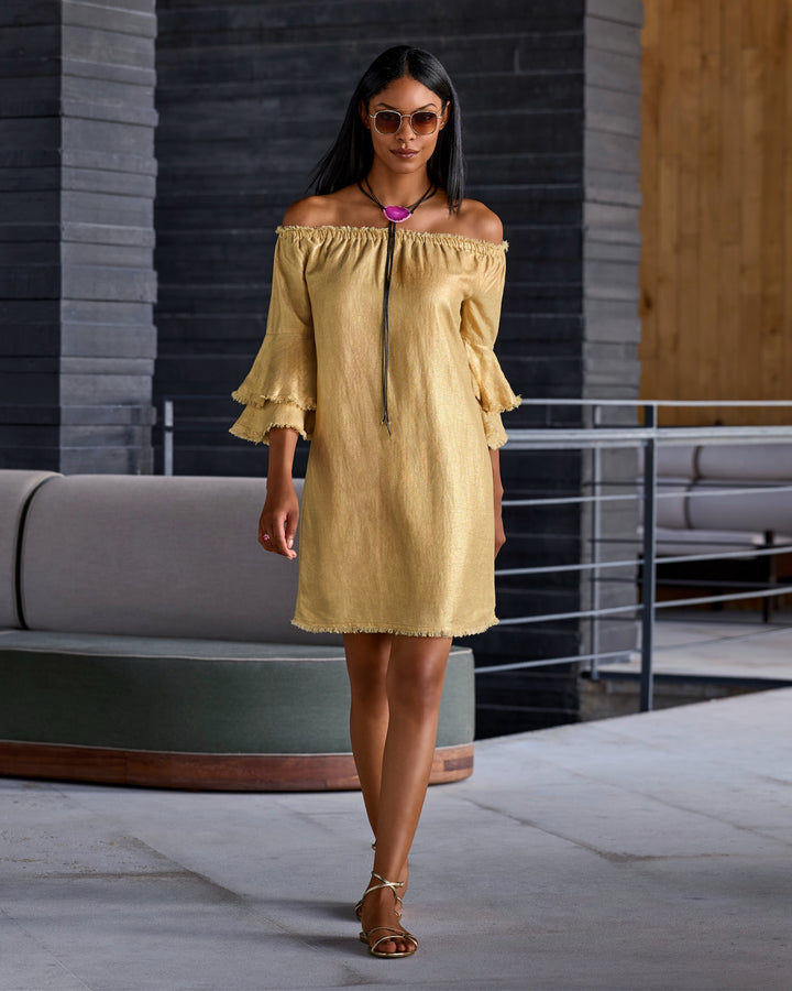 Linen Off The Shoulder Tiered Sleeve Shift Dress Gold