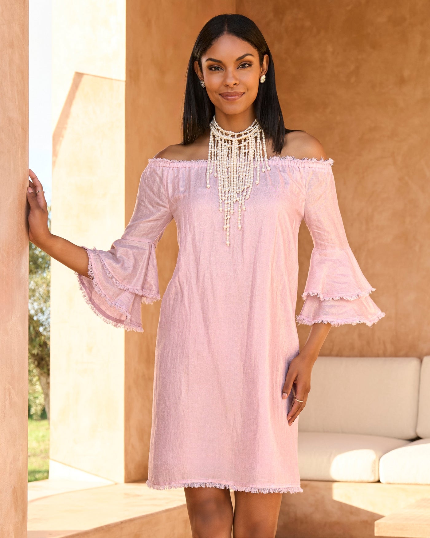 Linen Off The Shoulder Tiered Sleeve Shift Dress Roseate