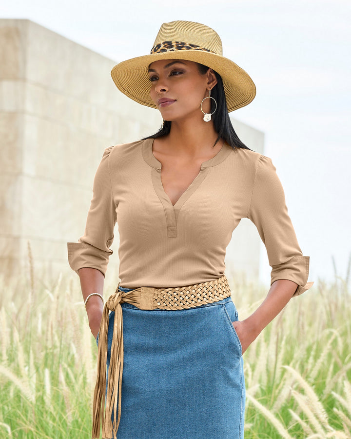So Essential Mixed Media Notch Collar Knit Top Sesame