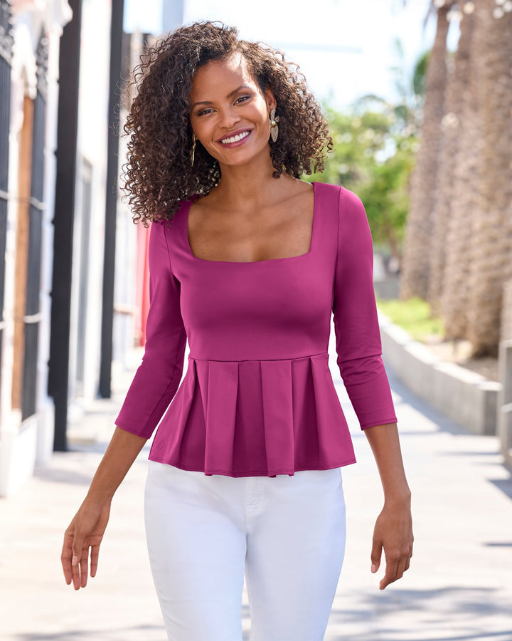 So Modern Peplum Pleated Knit Top Festival Fuchsia
