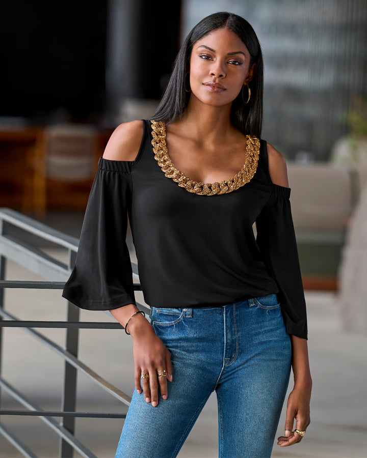 So Chic Cold Shoulder Heat Seal Chain Blouson Top Black