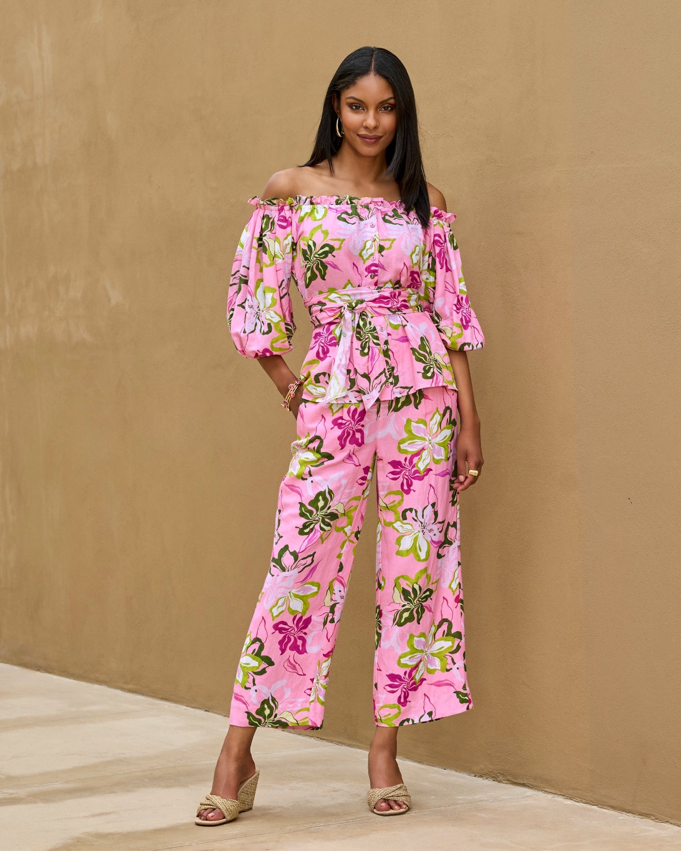Malibu Linen Cropped Print Pant Painted Poppies