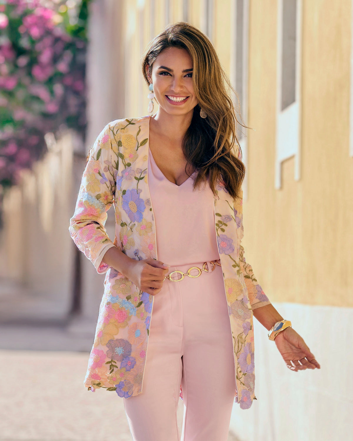 Pastel Embroidered Mesh Three Quarter Sleeve Hip Length Duster Pink Multi