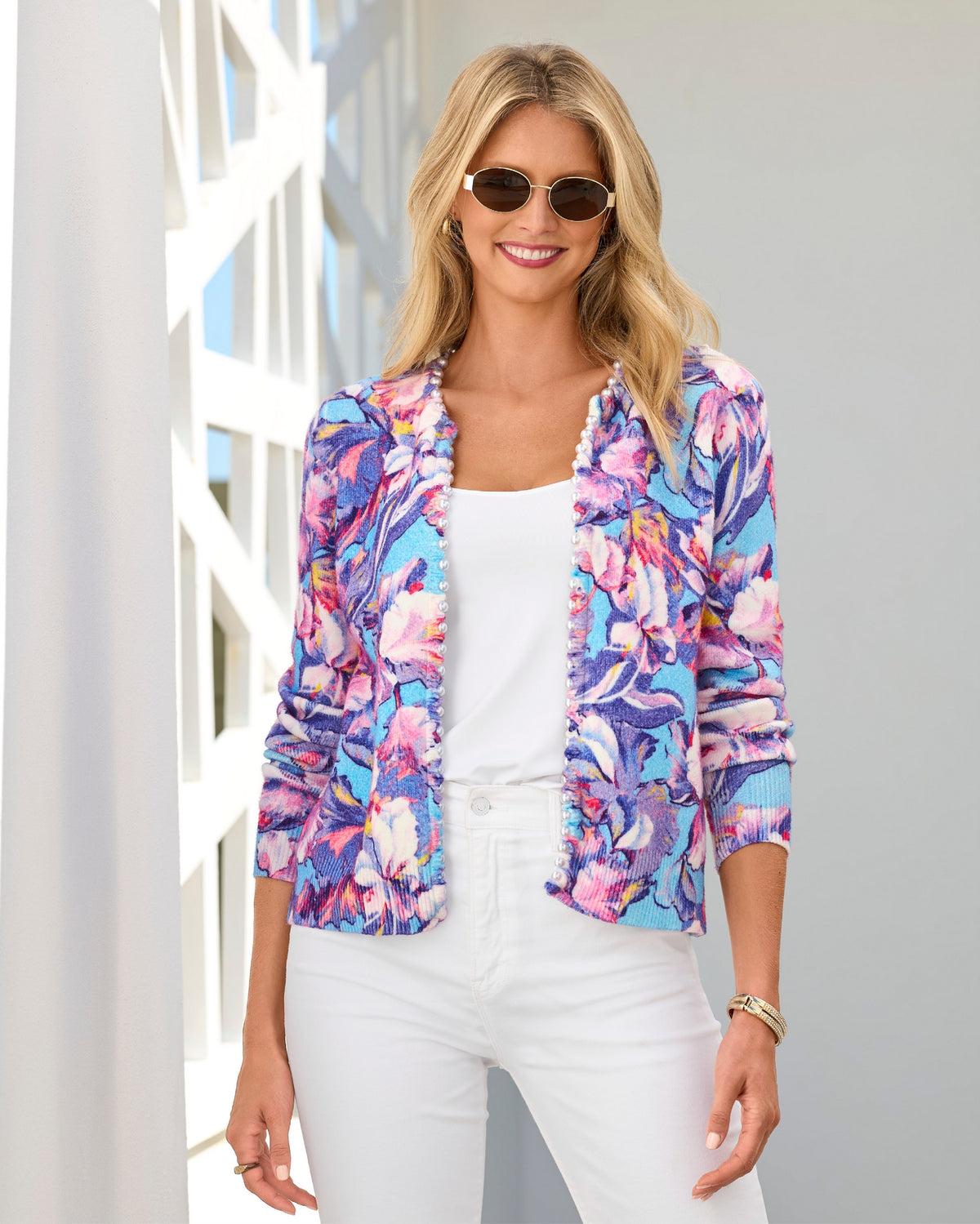 Printed Pearl Trim Cardigan Paris Fleurs