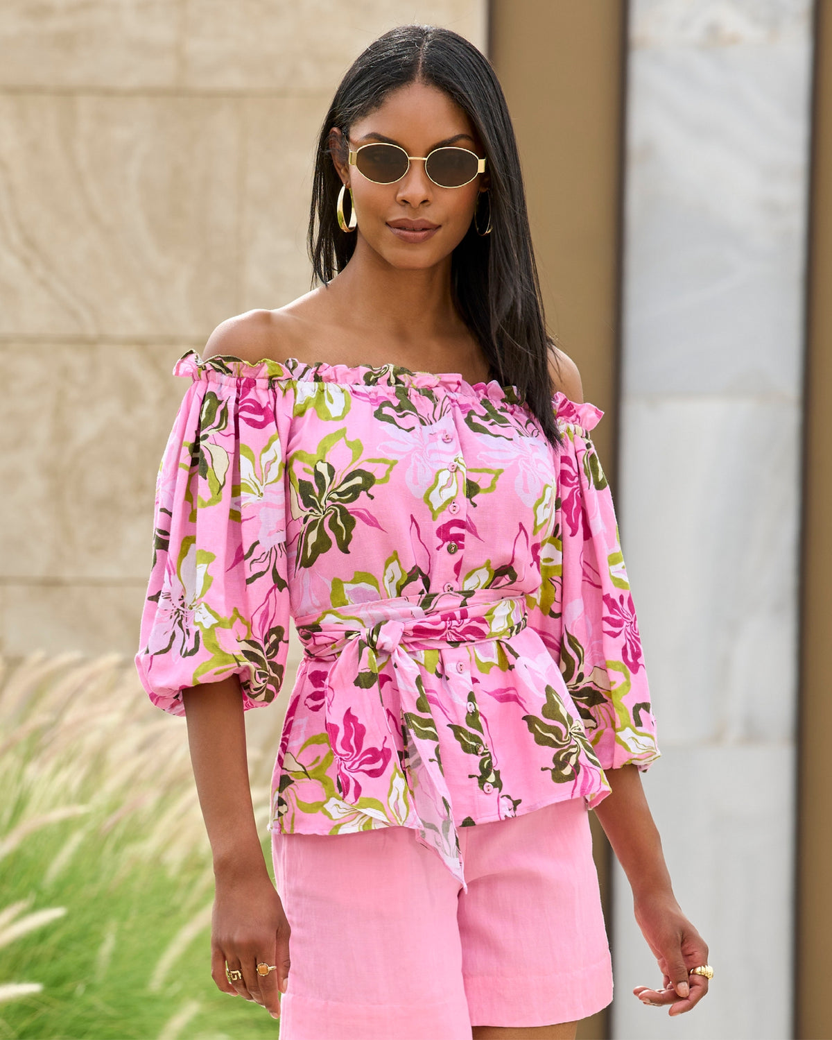 Print Linen Puff Sleeve Tie Waist Peplum Blouse Painted Poppies