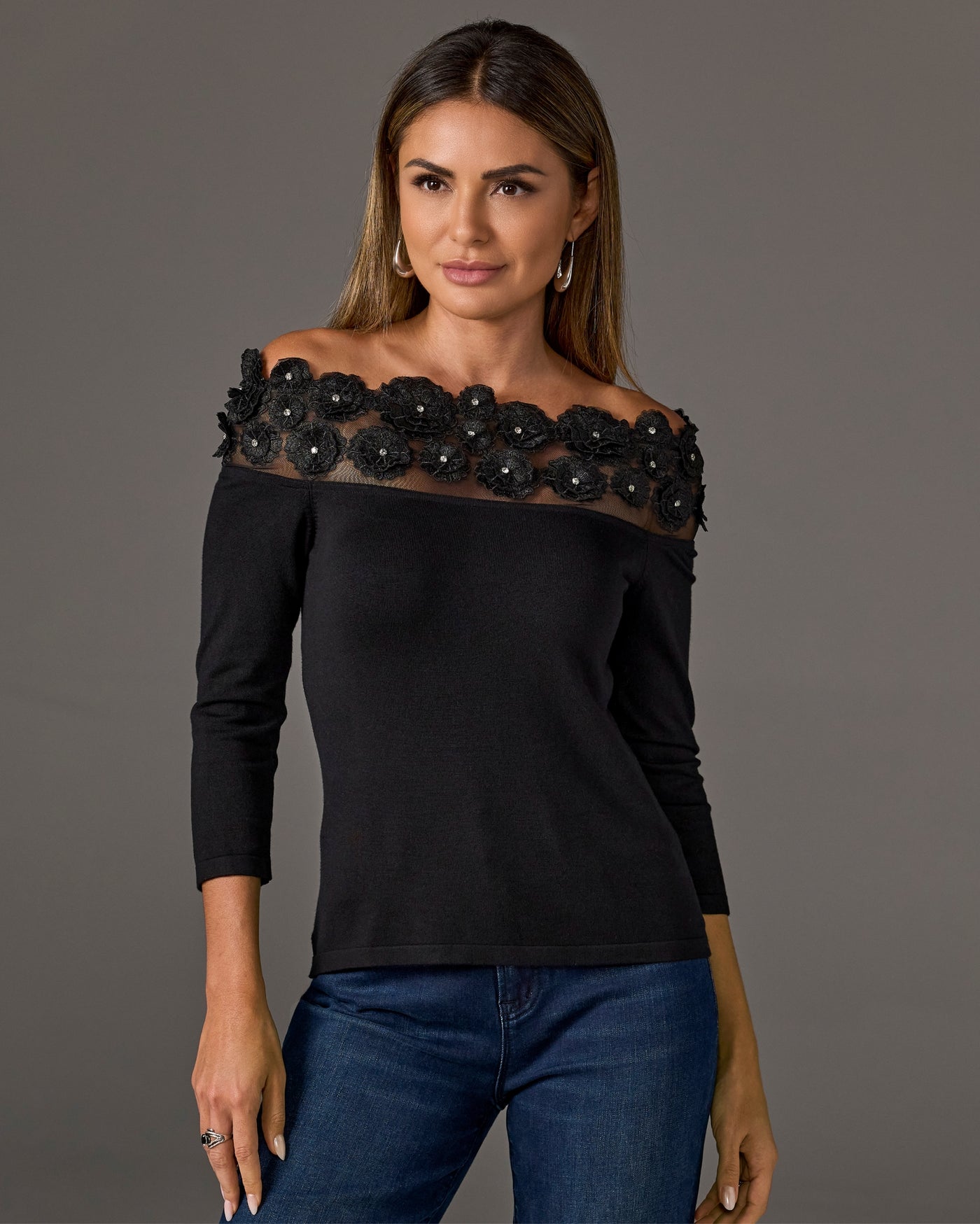 Floral Embellished Off the Shoulder Sweater Black