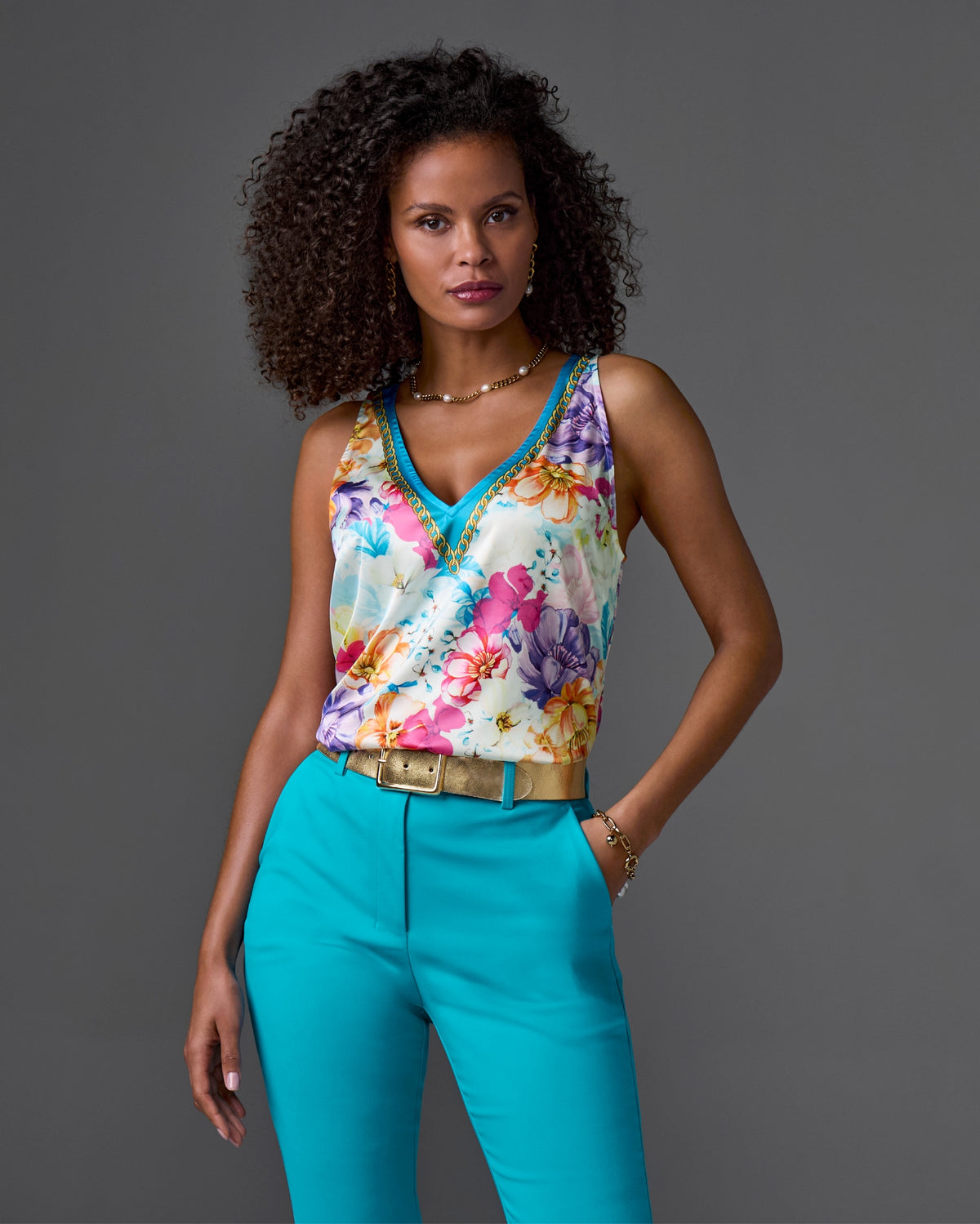 Print Chain Detail V Neck Charmeuse Blouse Iris Garden Placement