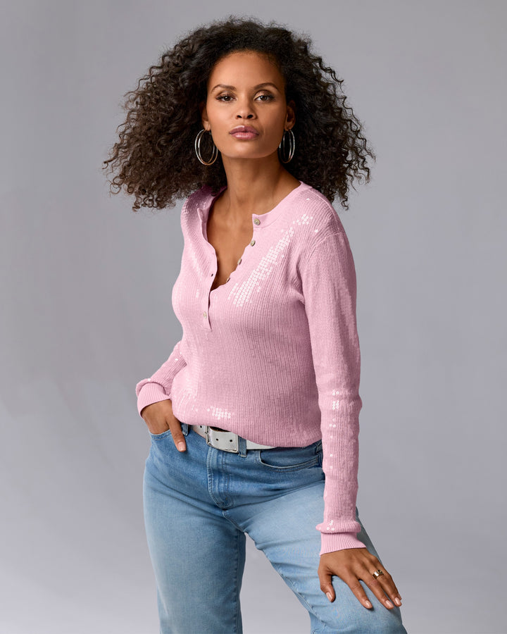 Henley Sequin Long Sleeve Sweater Roseate