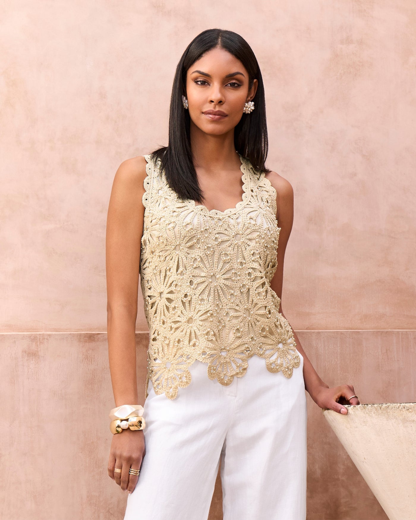 Crochet Pearl Embellished Sweater Tank Neutral