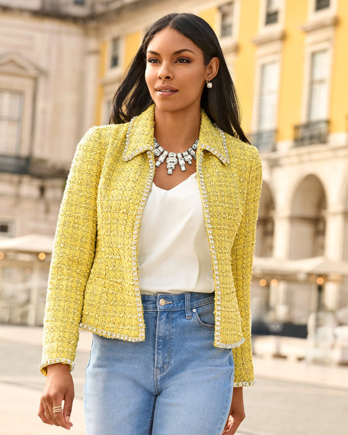 Crystal Trim Tweed Jacket Yellow