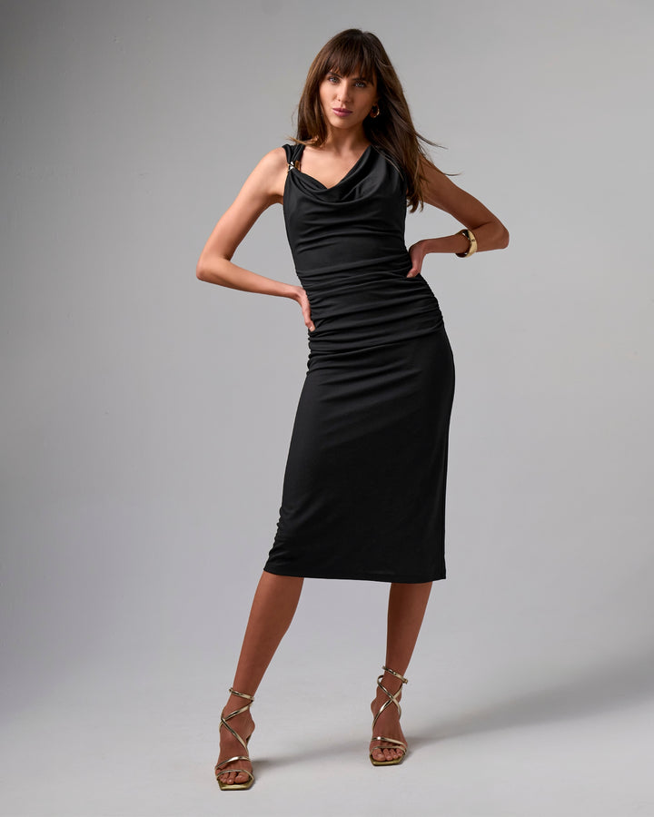 Cowl Neck Hardware Detail Ruched Knit Sheath Dress Black