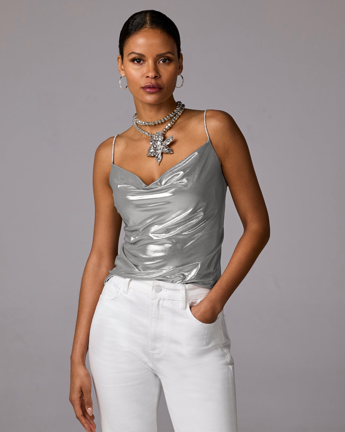 Metallic Cowl Neck Cami Silver
