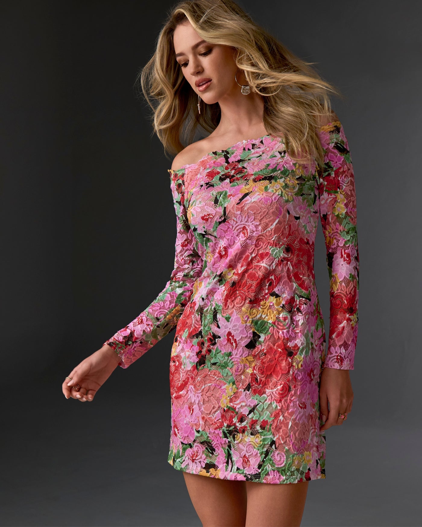 Shoulder Skimming Printed Stretch Lace Sheath Dress Pink Multi