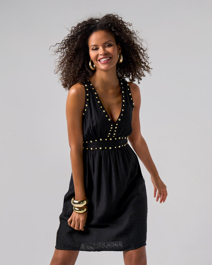 Grommet and Crystal Detail V Neck Fit And Flare Dress Black