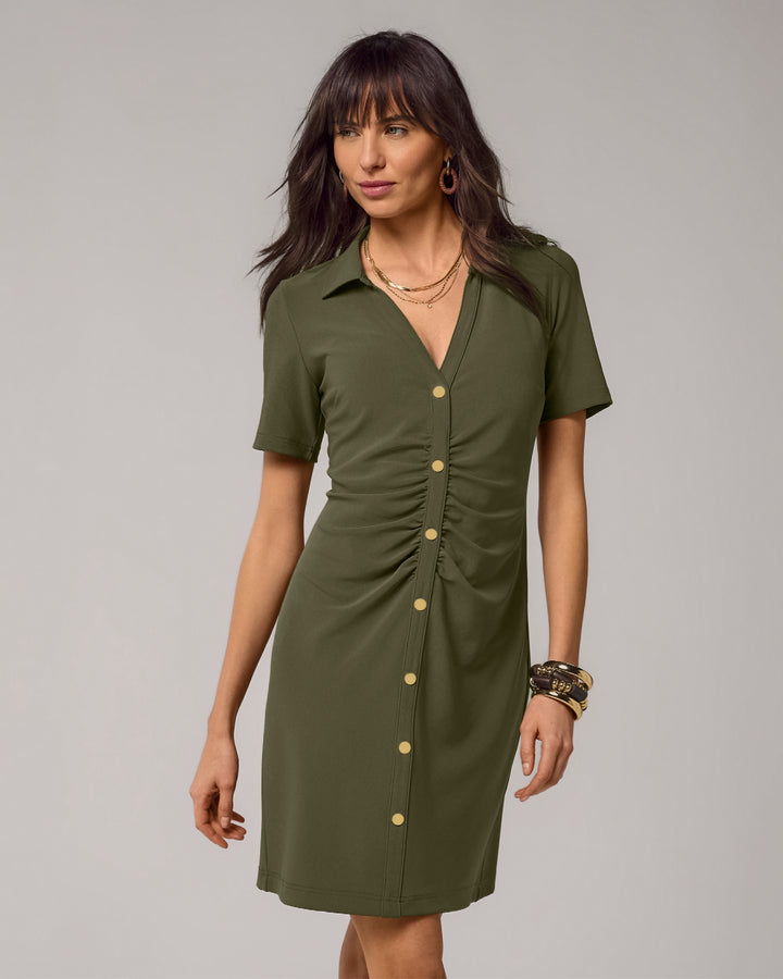 Beyond Travel Collared Ruched Short Dress Olive Night