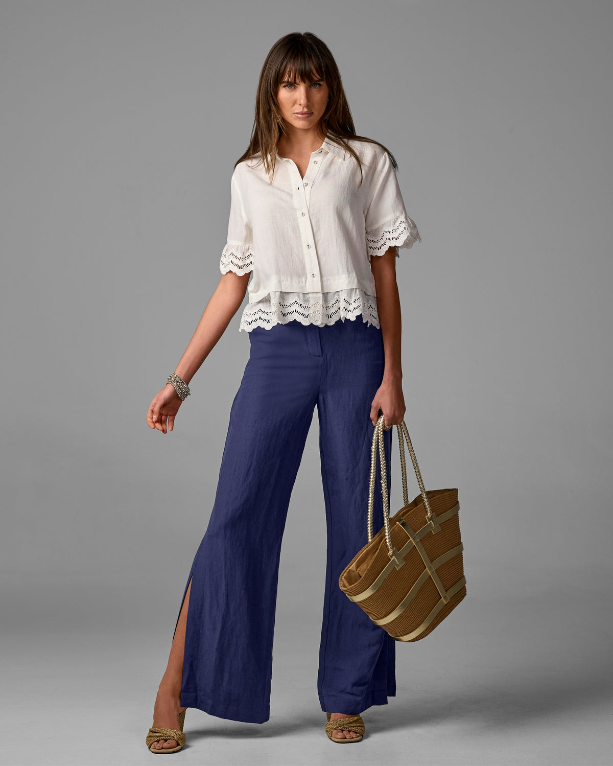 Casual side slit Linen pant Navy
