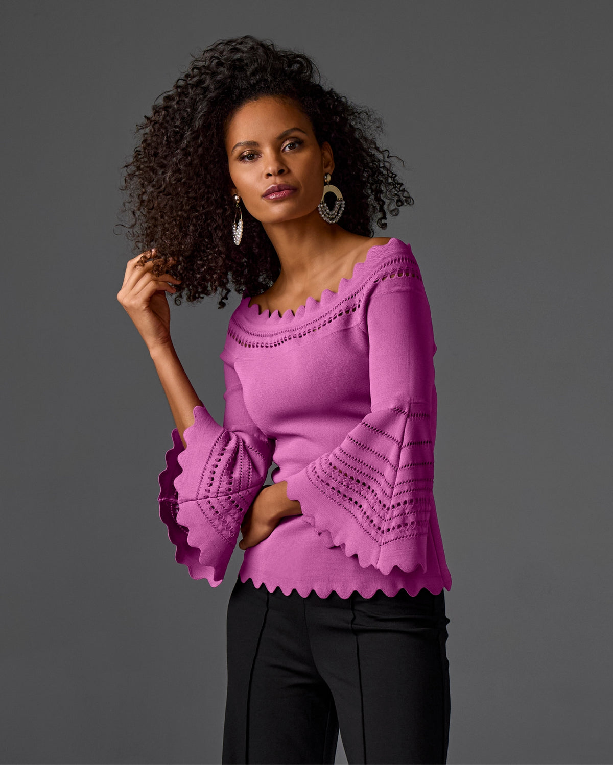 Off The Shoulder Lace Scallop Sweater Radiant Orchid