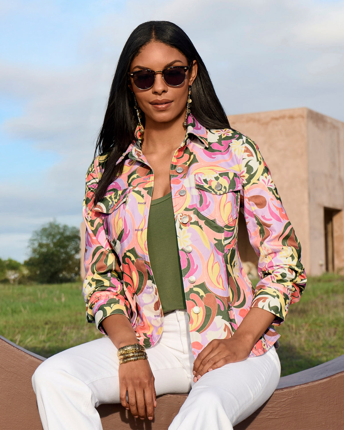 Print Ruched Sleeve Shaped Denim Jacket St Tropez Abstract