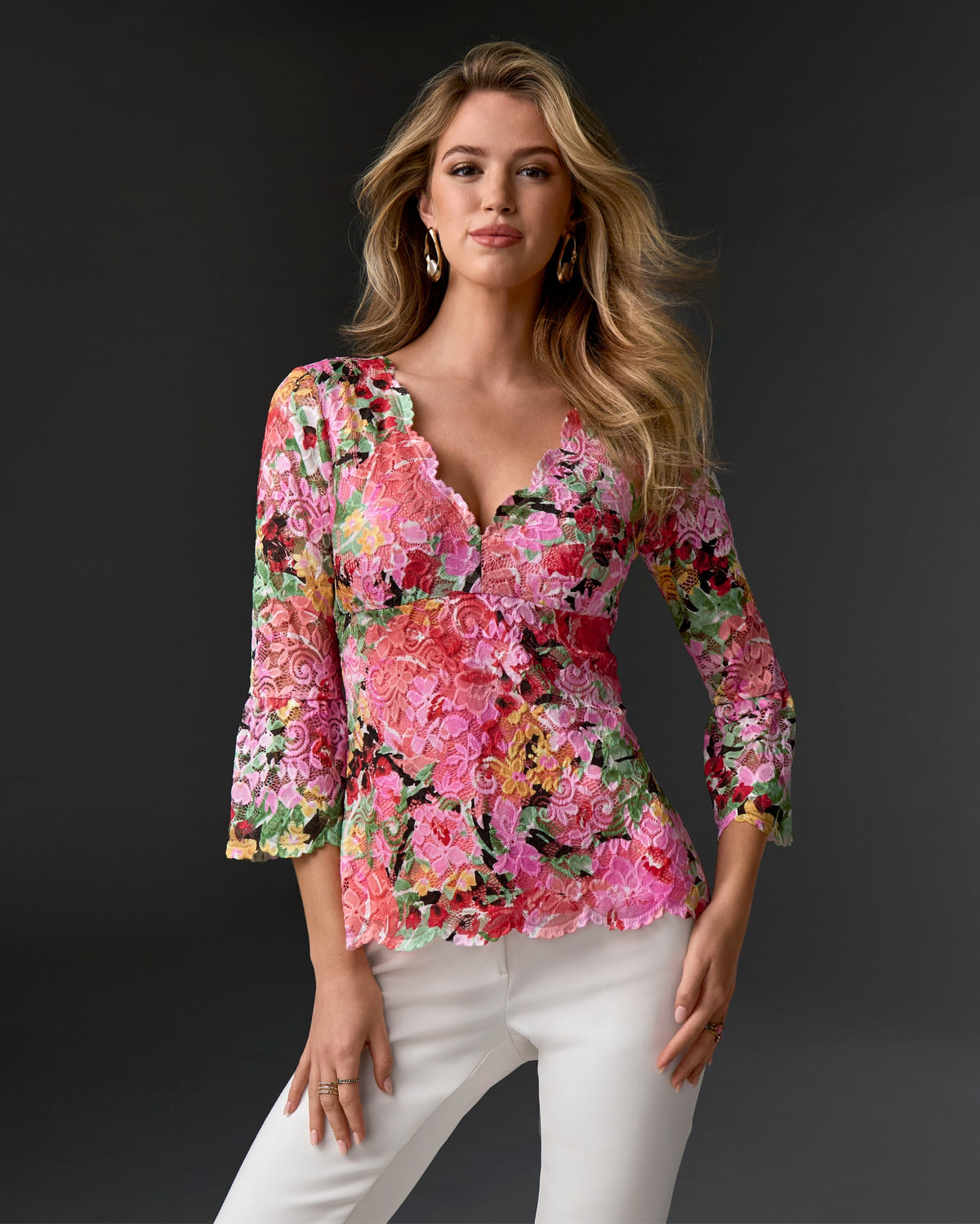 Printed V Neck Scallop Lace Top Pink Multi