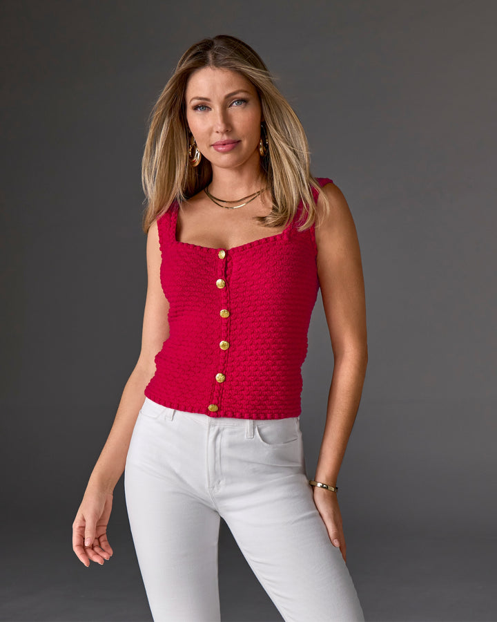 Button Detail Sweater Tank True Red