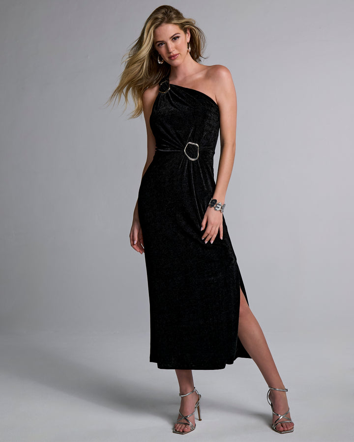 Hardware Detail One Shoulder Knit Dress Black