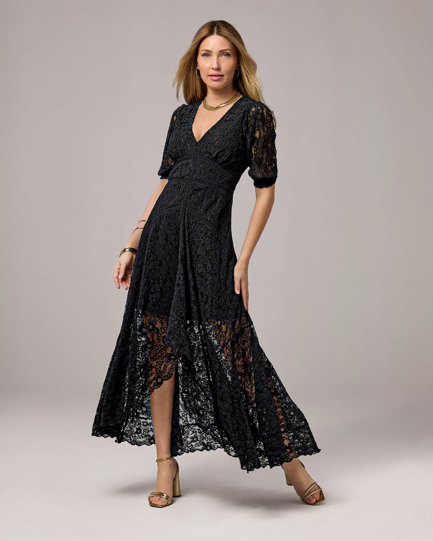 Lace High Low Puff Sleeve Maxi Dress Black