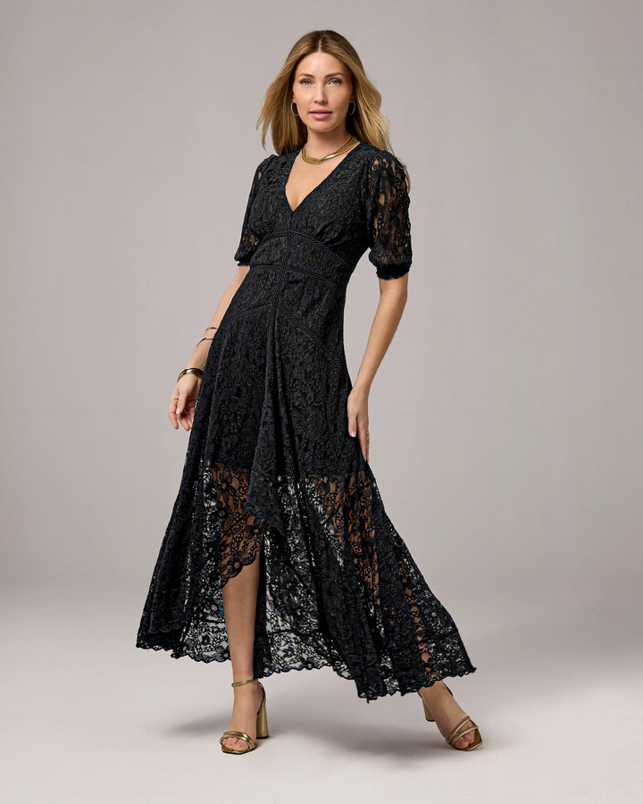 Lace High Low Puff Sleeve Maxi Dress Black