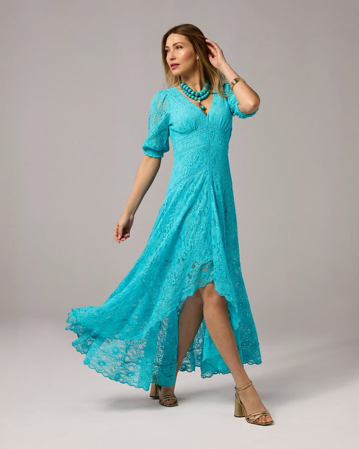 Lace High Low Puff Sleeve Maxi Dress Capri