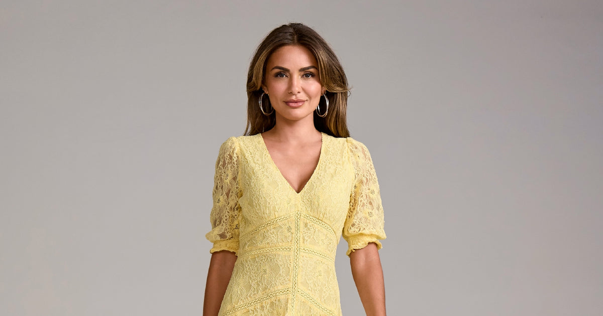Lace High Low Puff Sleeve Maxi Dress Yellow | Boston Proper Lace High Low Puff Sleeve Maxi Dress Yellow | Boston Proper