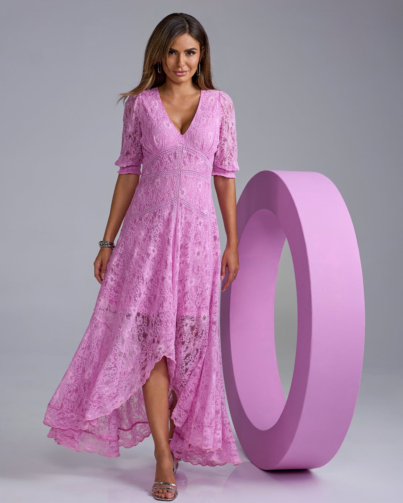 Lace High Low Puff Sleeve Maxi Dress Orchid