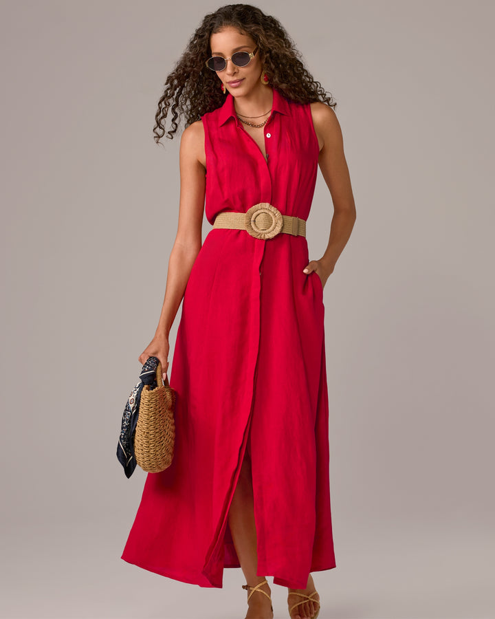 Sleeveless Linen Maxi Shirt Dress Tomato Red