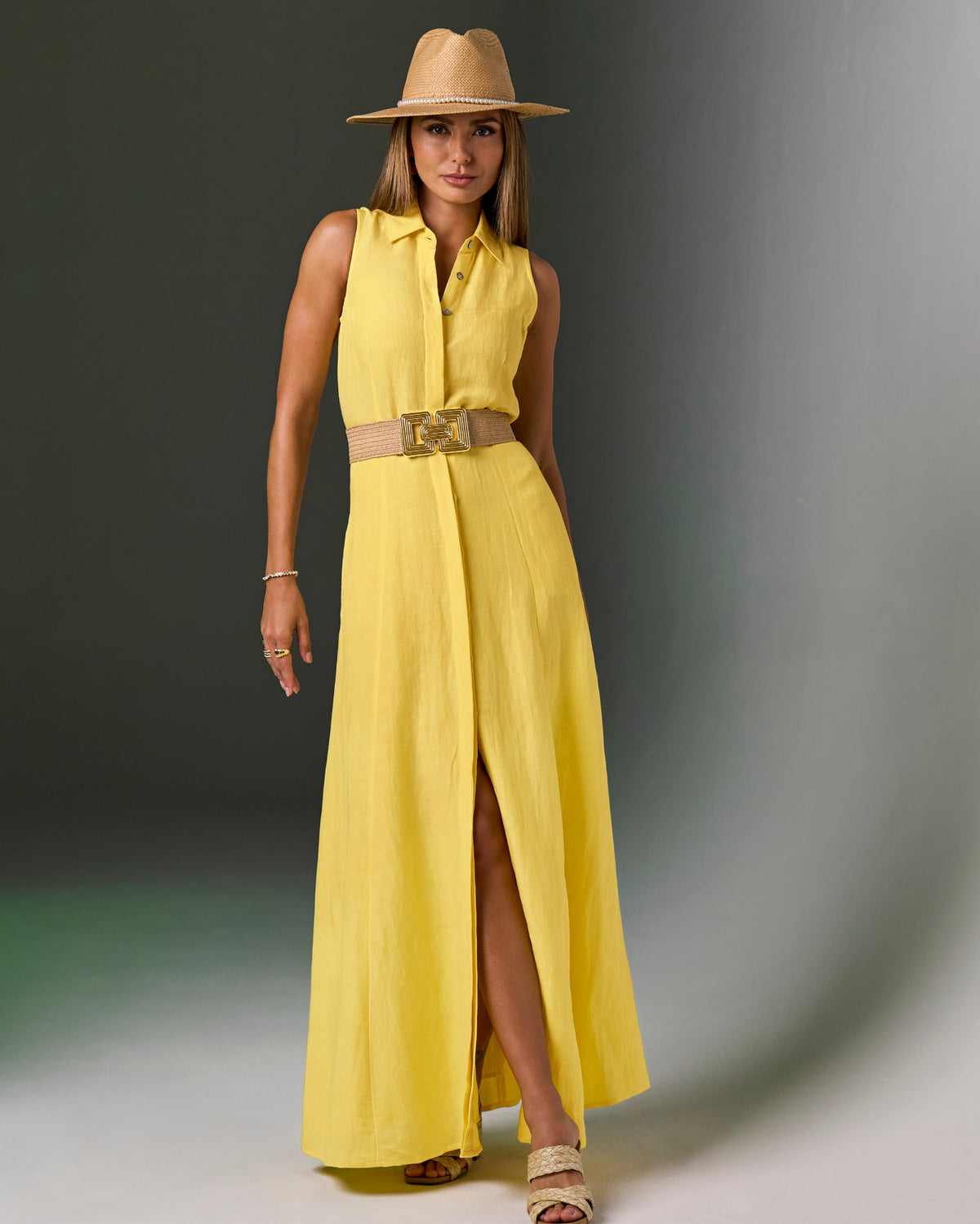 Sleeveless Linen Maxi Shirt Dress Lemon Drop