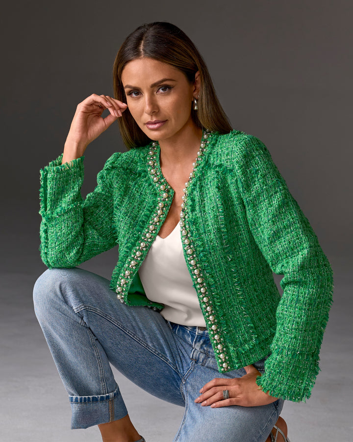 Pearl Trim Tweed Jacket Green