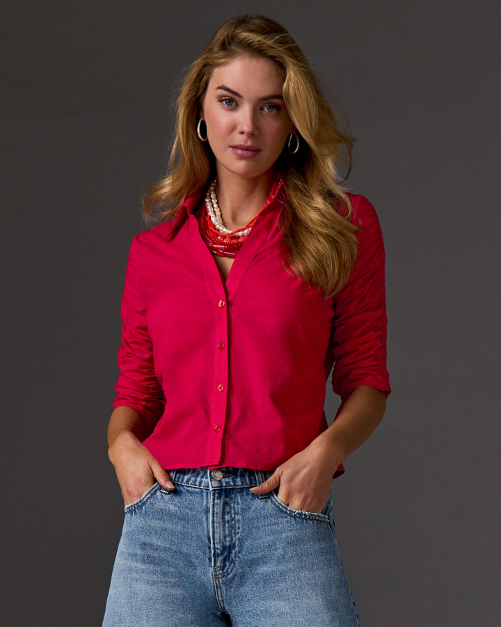 Ruched Sleeve Button Up Shirt True Red
