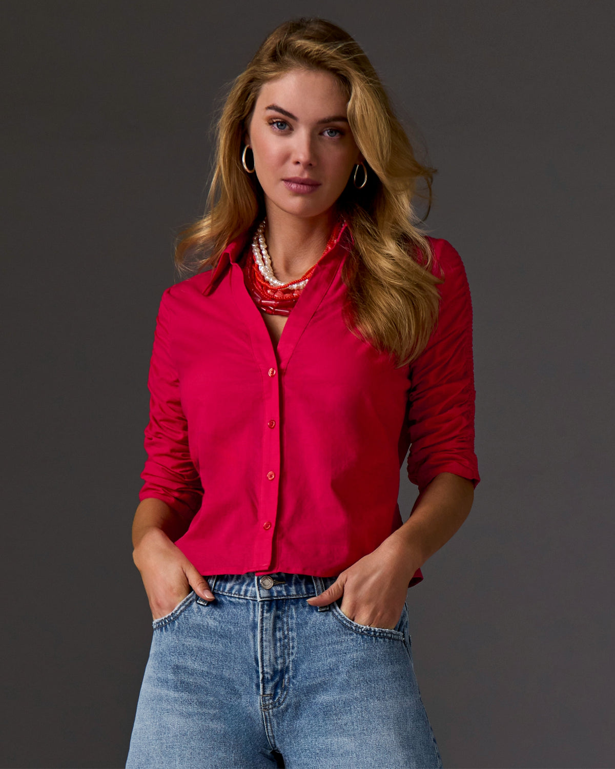 Ruched Sleeve Button Up Shirt True Red