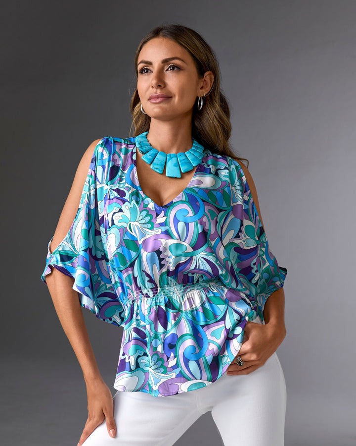 Print Cold Shoulder Blouson Blouse Maldives Abstract